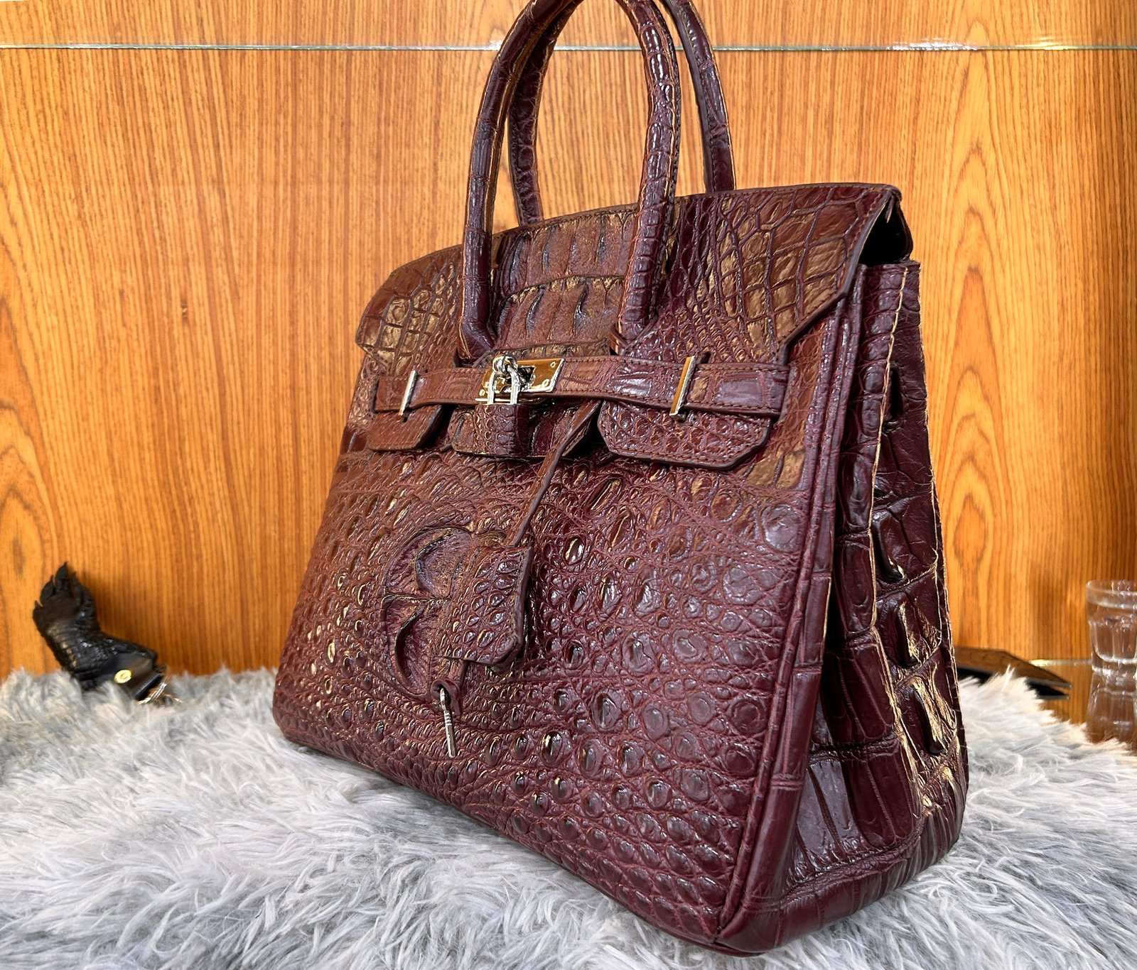 Luxury Burgundy Crocodile Leather Handbag