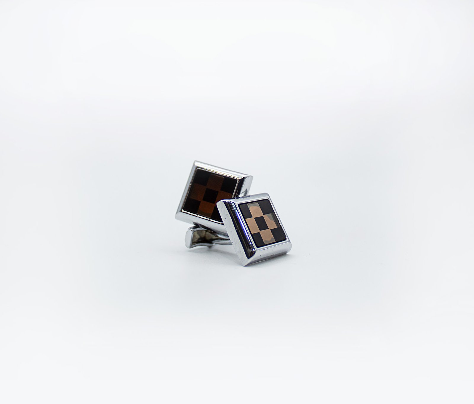 Silver Cufflinks with Black Brown Checkered